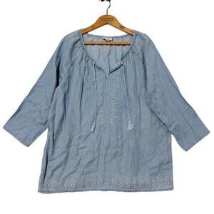 J Jill Denim Chambray Peasant Top Size M 100% Tencel Embroidered Tassels Boho